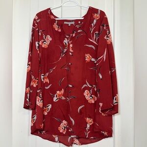 Women’s plus size 3X Daniel Rainn Red Floral Blouse, flowers, flowy